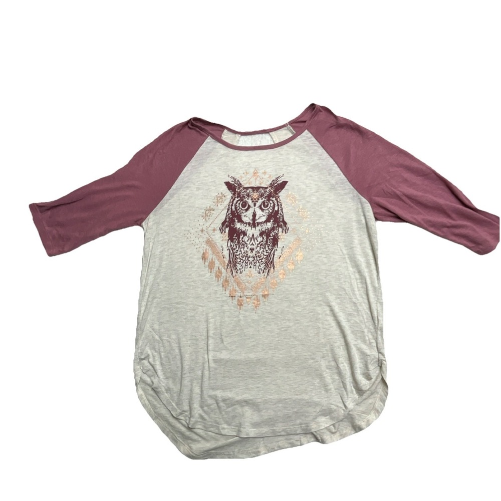 No Boundaries Girls Light Gray Mauve Owl Raglan T-Shirt XL/XG 3/4 Sleeve